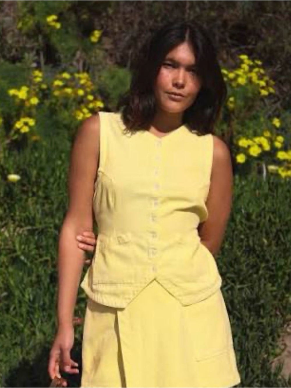 Noble, button-up vest top, yellow, size large